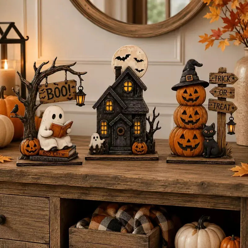 Vintage Halloween Tabletop Decor Set of 3, Resin Spooky Ornaments with Ghost, Haunted House, Stacked Pumpkin & Black Cat Figurines