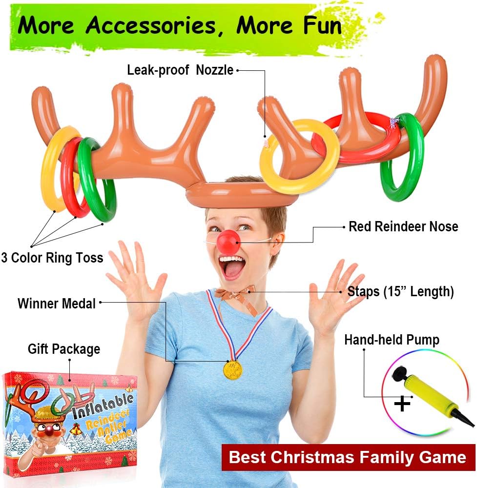 Christmas Games for Family Party, Inflatable Reindeer Antler Ring Toss Game Great Christmas Games for Adults and Kids
