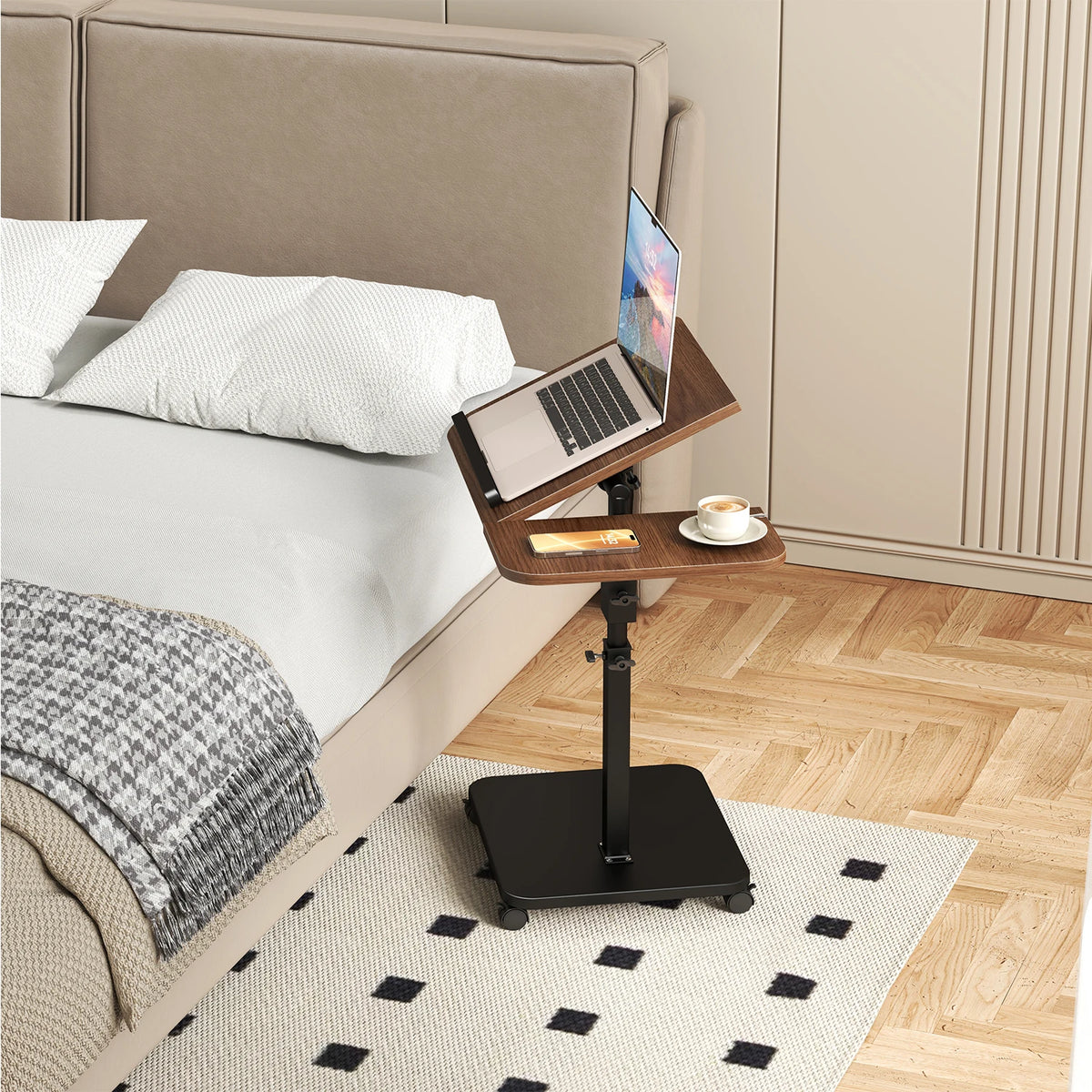Adjustable Height C-Shaped TV Tray Table - Heavy Duty Side Table with 360° Swivel Heavy Metal Base, Portable Snack Tray for Couch Eating, Mobile Living Room Furniture for Small Spaces