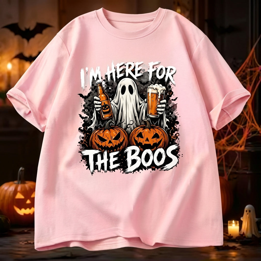 Vintage Washed Ghost "I'm Here For The Boos" Double-Sided Graphic Tee | 230gsm Heavyweight Streetwear, Unisex Loose Crew Neck Cotton Halloween Casual Top for Men & Women
