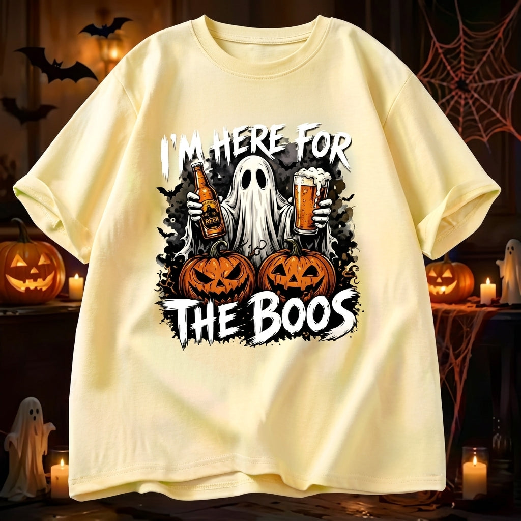 Vintage Washed Ghost "I'm Here For The Boos" Double-Sided Graphic Tee | 230gsm Heavyweight Streetwear, Unisex Loose Crew Neck Cotton Halloween Casual Top for Men & Women