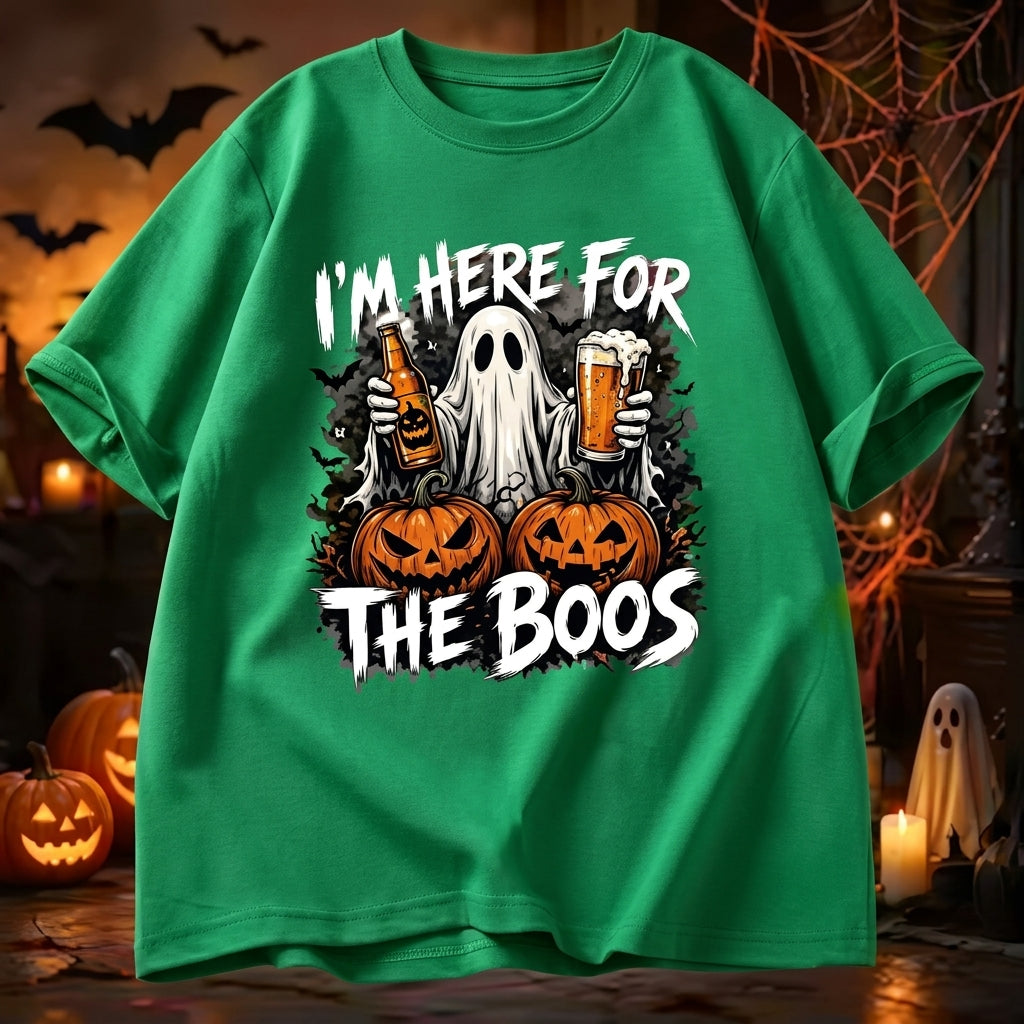 Vintage Washed Ghost "I'm Here For The Boos" Double-Sided Graphic Tee | 230gsm Heavyweight Streetwear, Unisex Loose Crew Neck Cotton Halloween Casual Top for Men & Women