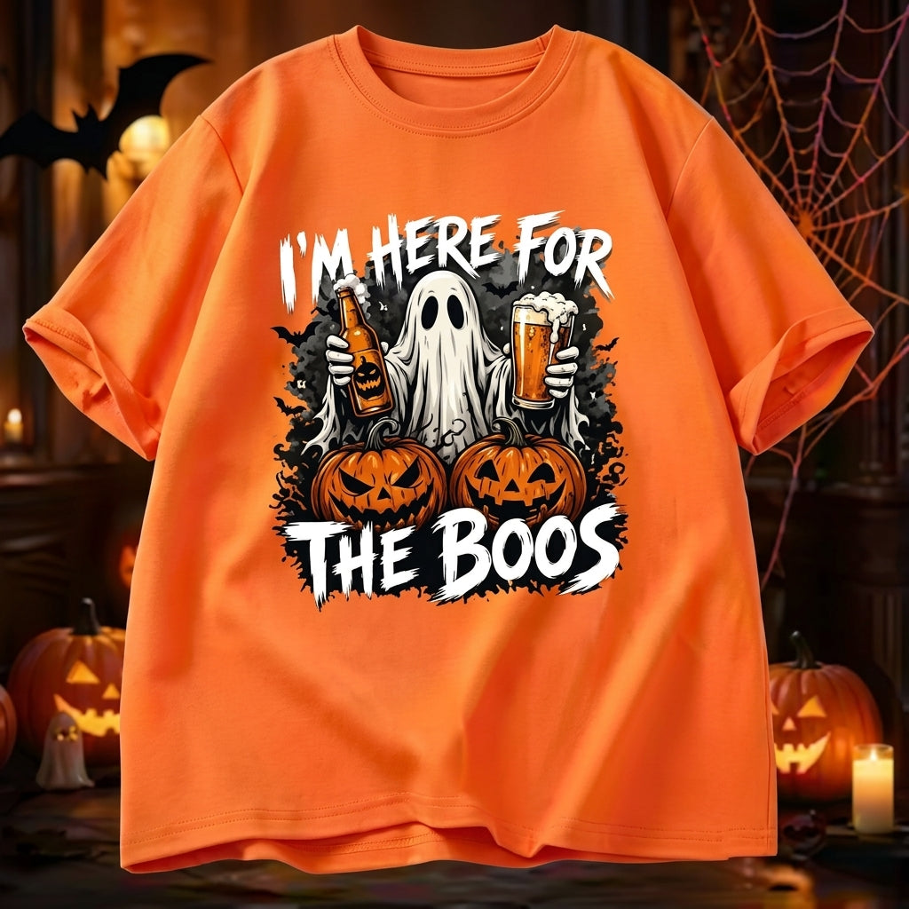 Vintage Washed Ghost "I'm Here For The Boos" Double-Sided Graphic Tee | 230gsm Heavyweight Streetwear, Unisex Loose Crew Neck Cotton Halloween Casual Top for Men & Women