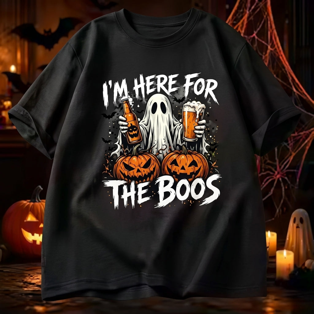 Vintage Washed Ghost "I'm Here For The Boos" Double-Sided Graphic Tee | 230gsm Heavyweight Streetwear, Unisex Loose Crew Neck Cotton Halloween Casual Top for Men & Women