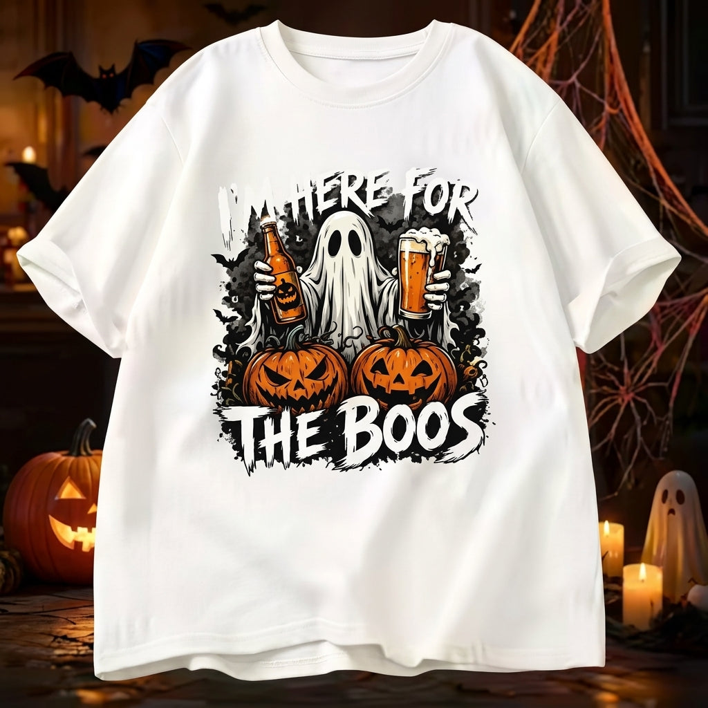 Vintage Washed Ghost "I'm Here For The Boos" Double-Sided Graphic Tee | 230gsm Heavyweight Streetwear, Unisex Loose Crew Neck Cotton Halloween Casual Top for Men & Women