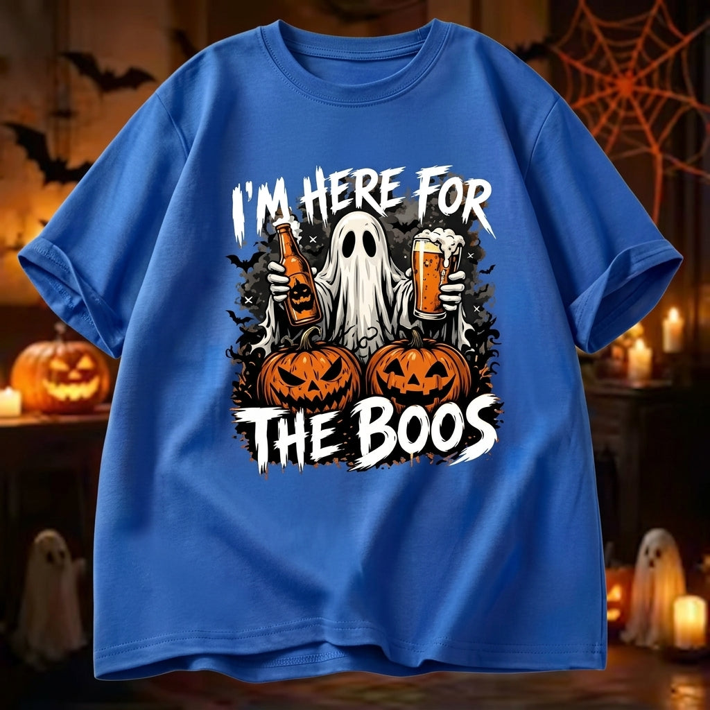 Vintage Washed Ghost "I'm Here For The Boos" Double-Sided Graphic Tee | 230gsm Heavyweight Streetwear, Unisex Loose Crew Neck Cotton Halloween Casual Top for Men & Women