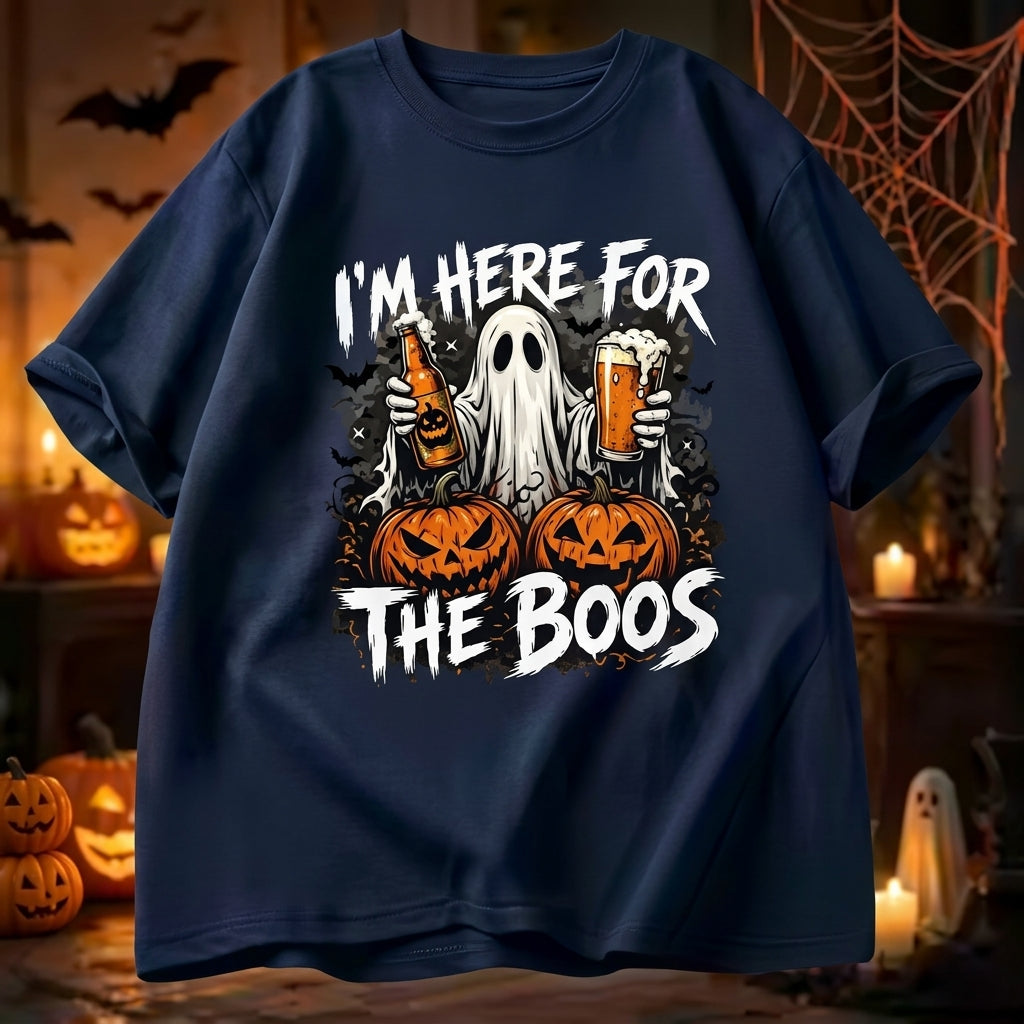 Vintage Washed Ghost "I'm Here For The Boos" Double-Sided Graphic Tee | 230gsm Heavyweight Streetwear, Unisex Loose Crew Neck Cotton Halloween Casual Top for Men & Women