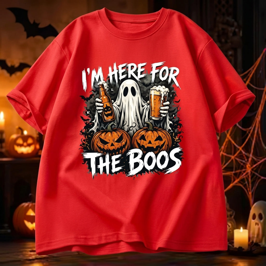 Vintage Washed Ghost "I'm Here For The Boos" Double-Sided Graphic Tee | 230gsm Heavyweight Streetwear, Unisex Loose Crew Neck Cotton Halloween Casual Top for Men & Women