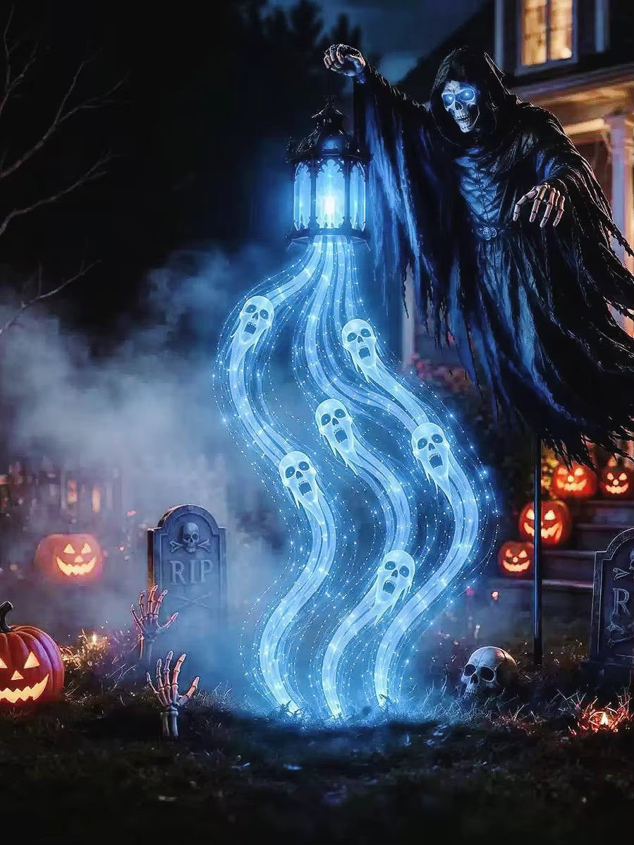 Halloween Solar Garden Stake Light, Soul Harvester Ghost Light, Blue LED Outdoor Yard Decor, Spooky Halloween Lawn Light, Solar Powered Garden Stake