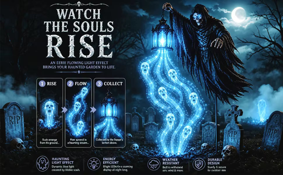 Halloween Solar Garden Stake Light, Soul Harvester Ghost Light, Blue LED Outdoor Yard Decor, Spooky Halloween Lawn Light, Solar Powered Garden Stake