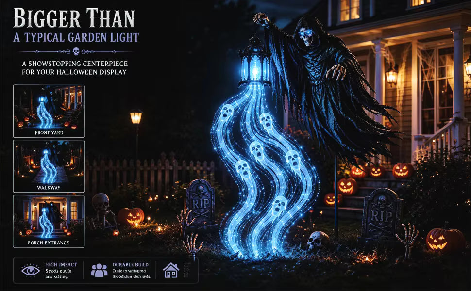 Halloween Solar Garden Stake Light, Soul Harvester Ghost Light, Blue LED Outdoor Yard Decor, Spooky Halloween Lawn Light, Solar Powered Garden Stake