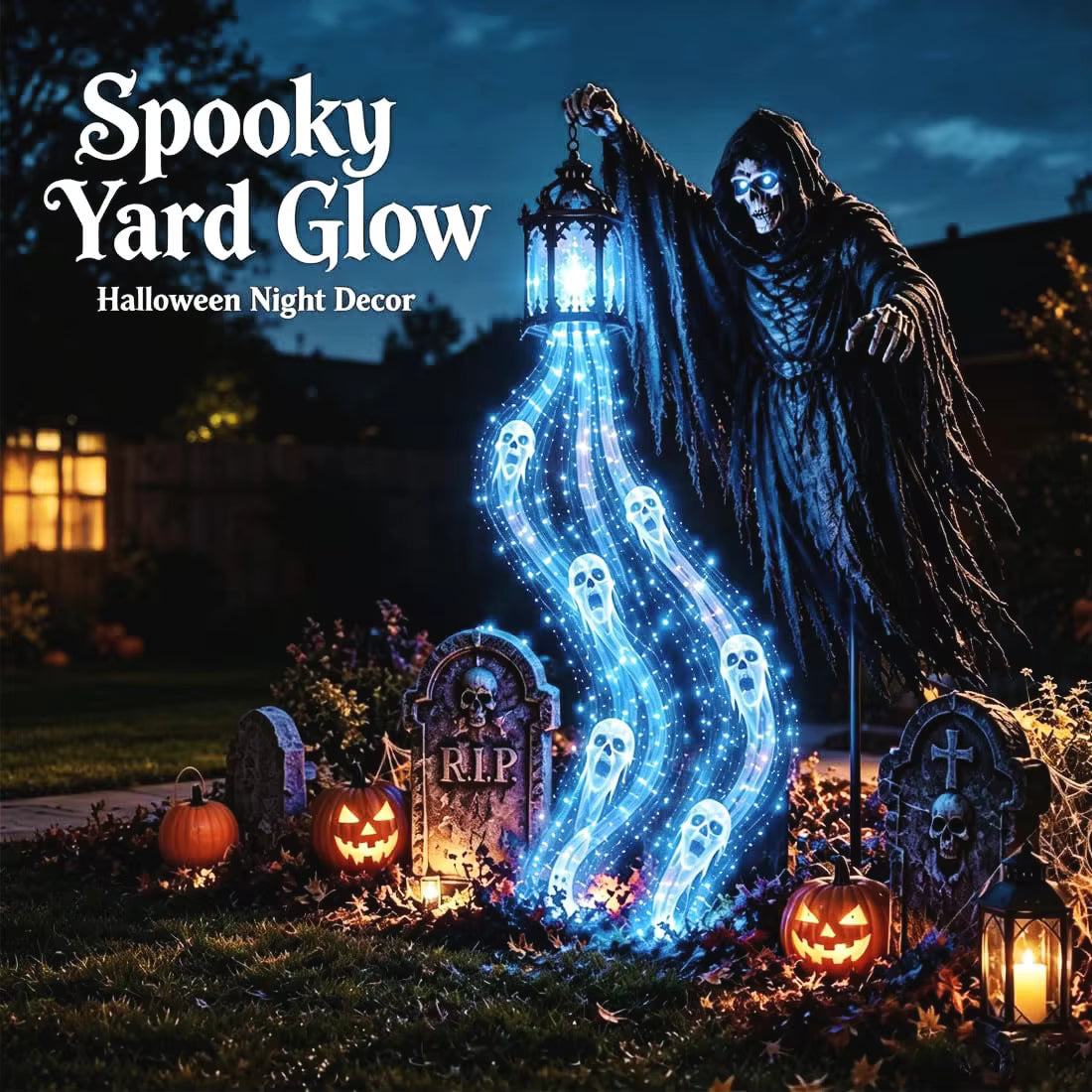 Halloween Solar Garden Stake Light, Soul Harvester Ghost Light, Blue LED Outdoor Yard Decor, Spooky Halloween Lawn Light, Solar Powered Garden Stake