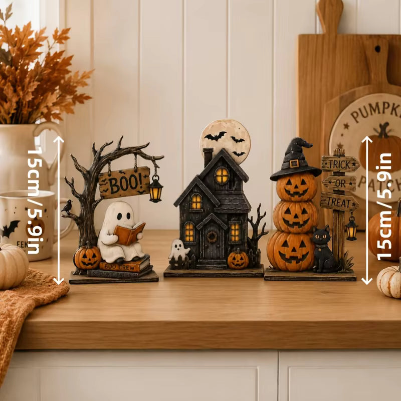 Vintage Halloween Tabletop Decor Set of 3, Resin Spooky Ornaments with Ghost, Haunted House, Stacked Pumpkin & Black Cat Figurines