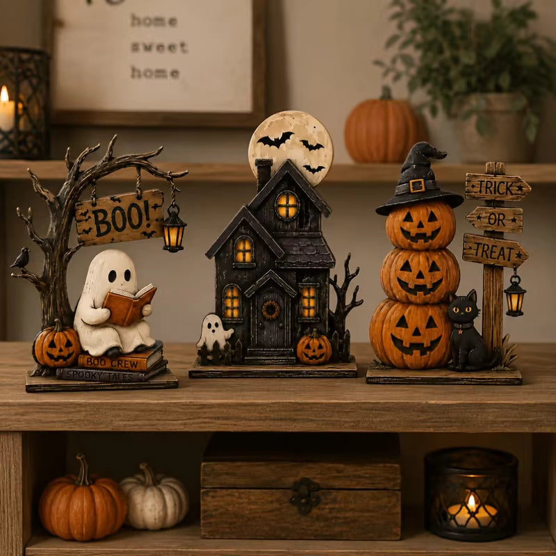 Vintage Halloween Tabletop Decor Set of 3, Resin Spooky Ornaments with Ghost, Haunted House, Stacked Pumpkin & Black Cat Figurines