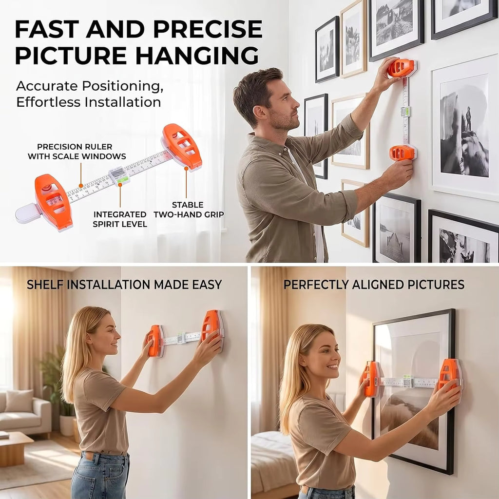 Picture Hanging Tool with Level, Level Ruler Precision Wall Mount Guide for Wall Decor Alignment, Photo Frame Level Ruler