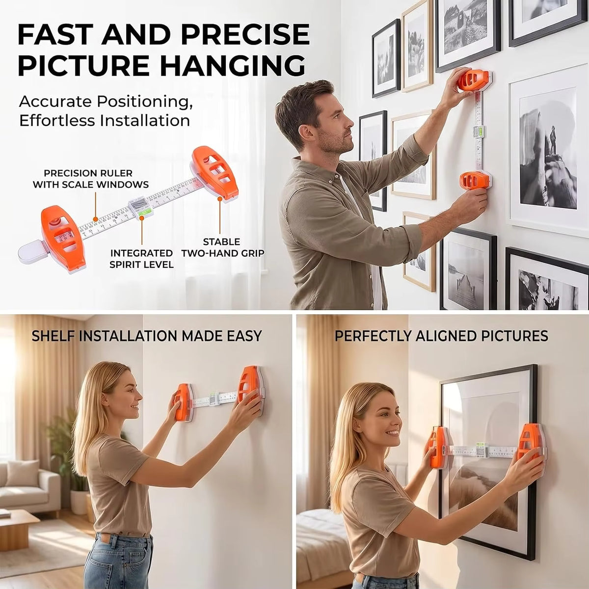 Picture Hanging Tool with Level, Level Ruler Precision Wall Mount Guide for Wall Decor Alignment, Photo Frame Level Ruler
