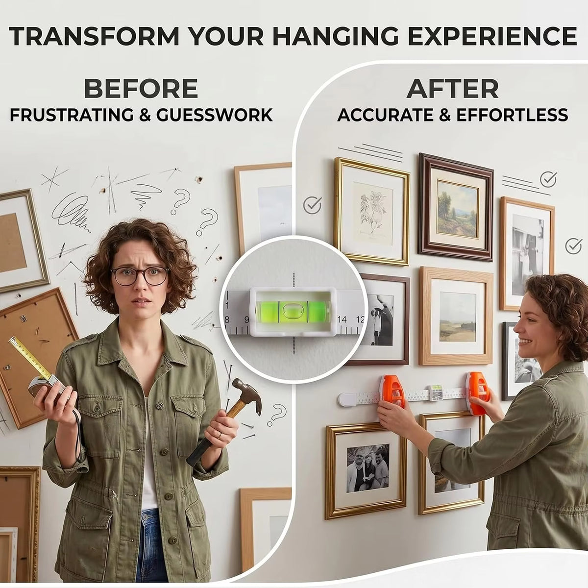 Picture Hanging Tool with Level, Level Ruler Precision Wall Mount Guide for Wall Decor Alignment, Photo Frame Level Ruler