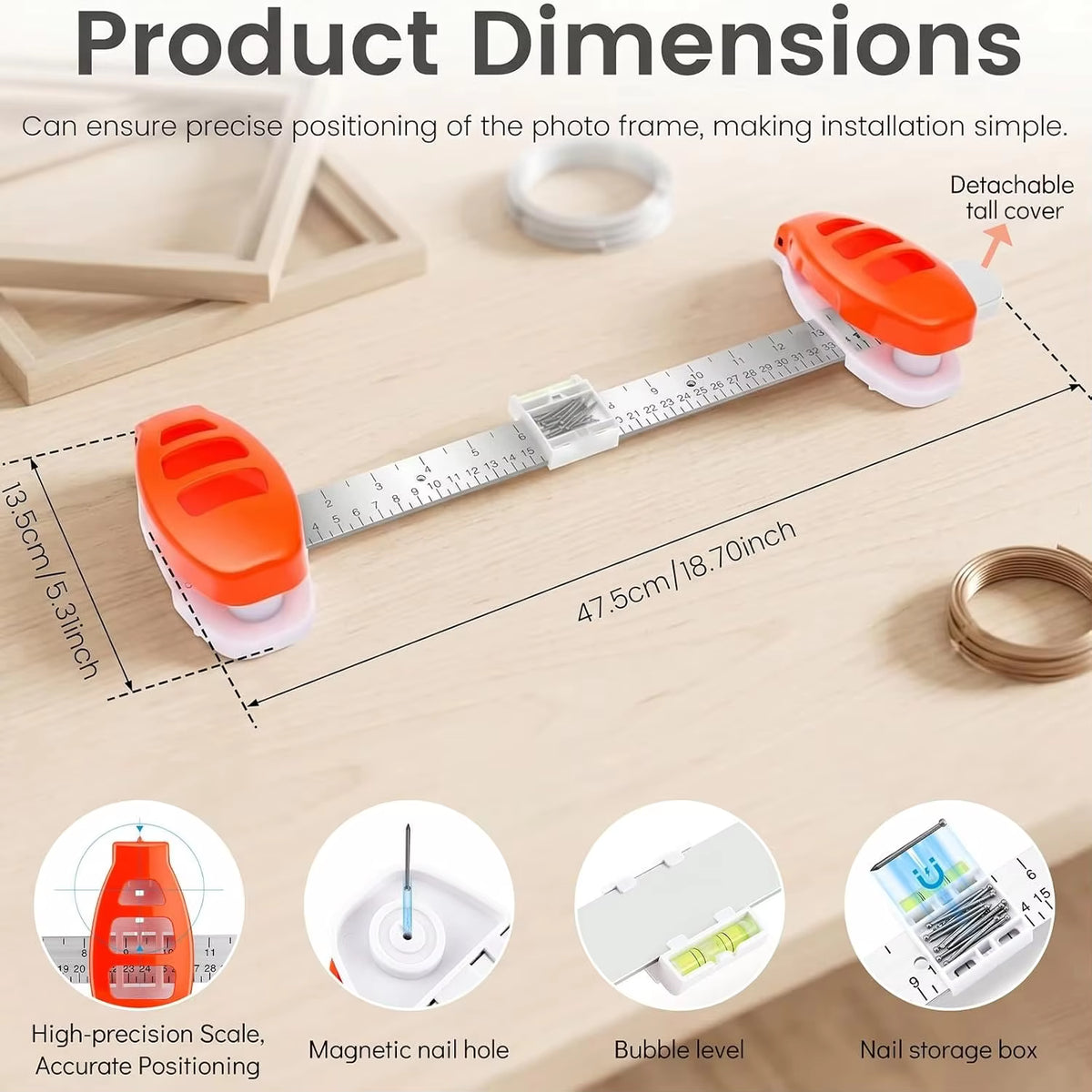 Picture Hanging Tool with Level, Level Ruler Precision Wall Mount Guide for Wall Decor Alignment, Photo Frame Level Ruler