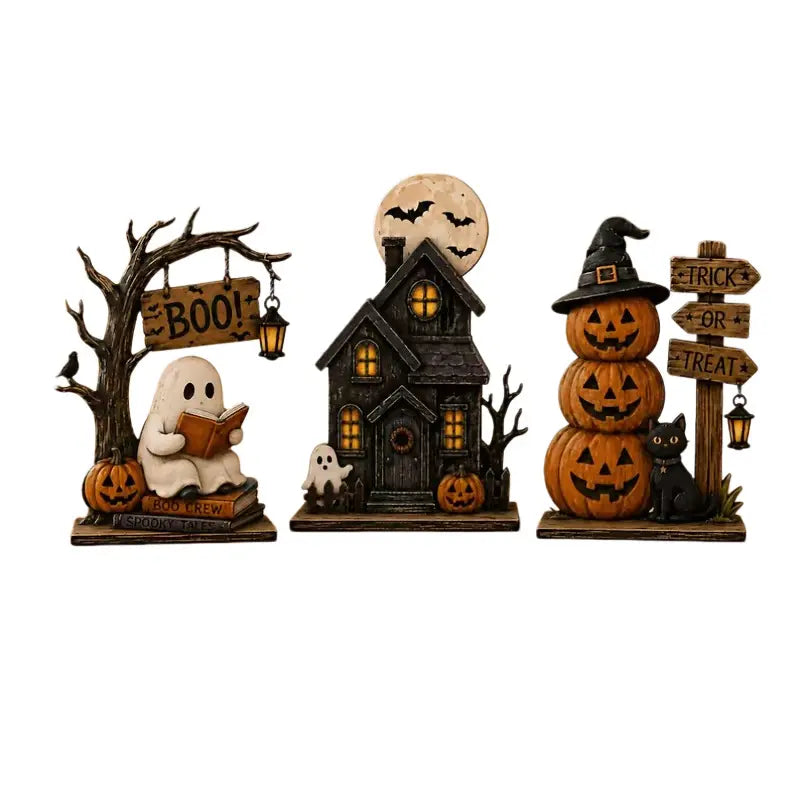 Vintage Halloween Tabletop Decor Set of 3, Resin Spooky Ornaments with Ghost, Haunted House, Stacked Pumpkin & Black Cat Figurines